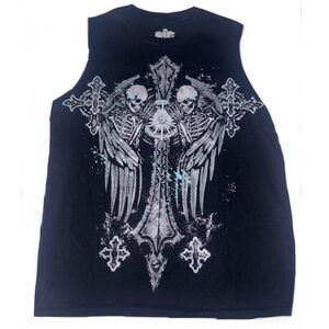 Goodie Two Sleeves Graphic Tank Top XL | Black Gothic Wing Cross Bones Unisex